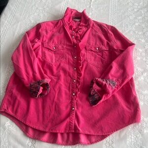 SUNDANCE OMBELINE corduroy western Pearl snap shirt pink ruffle long sleeve L